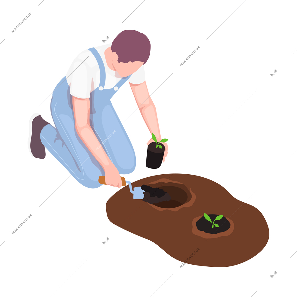 Local farm market isometric composition with isolated character of farmer digging plants on blank background vector illustration