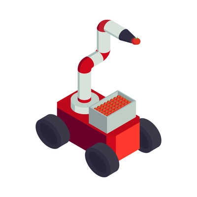 Isometric smart farm agriculture automation composition with isolated image of wheeled robot with tomatoes box vector illustration