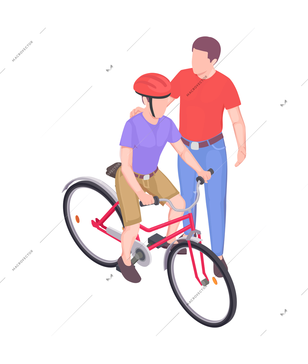 Family holidays isometric composition with characters of father helping son to ride bicycle on blank background vector illustration