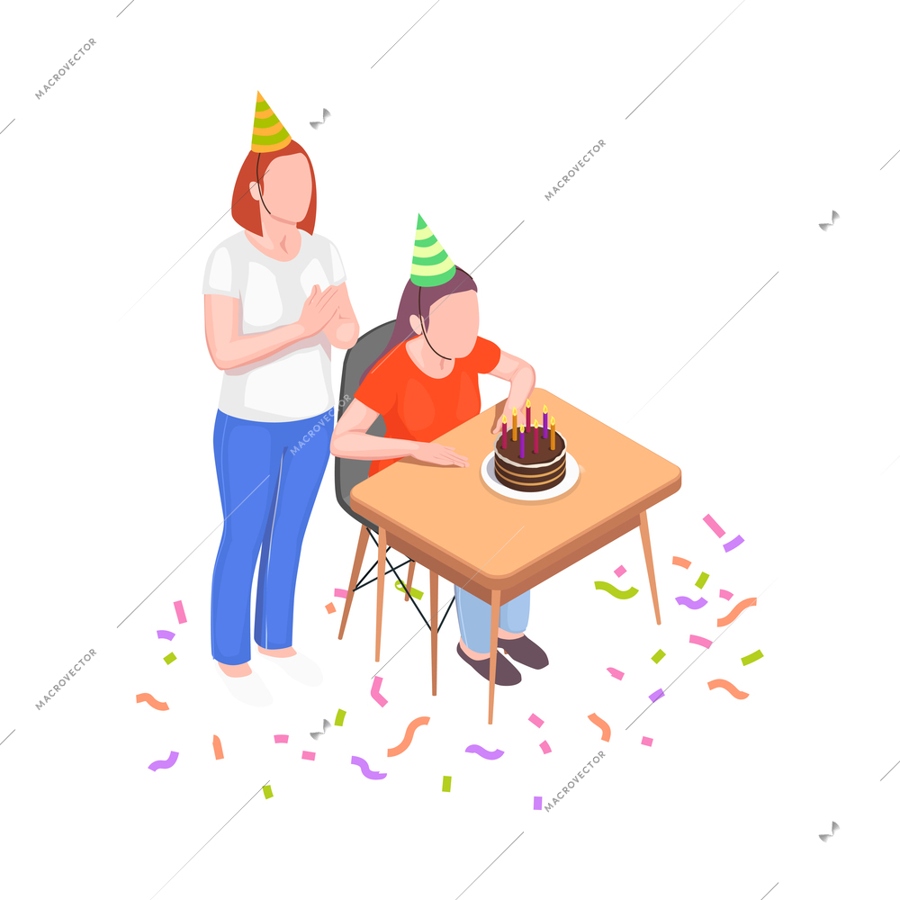 Family holidays isometric composition with characters of mother and son wearing festive hats with birthday cake vector illustration