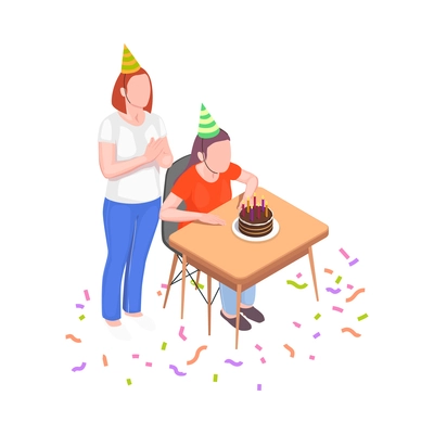 Family holidays isometric composition with characters of mother and son wearing festive hats with birthday cake vector illustration