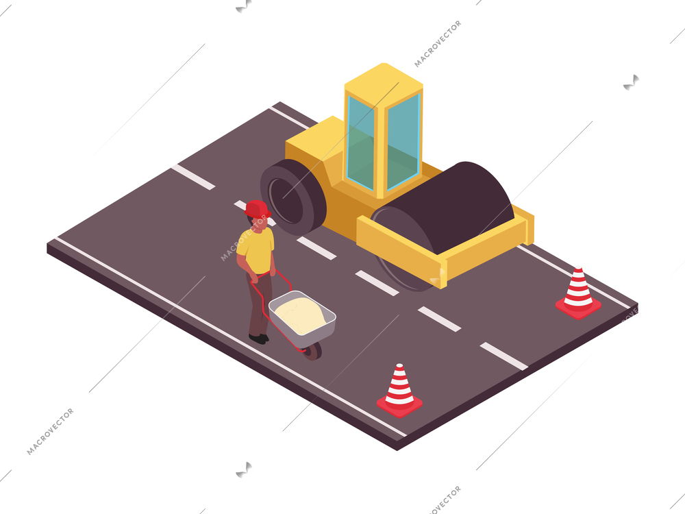 Road set isometric composition with view of road with traffic cones worker and roller vector illustration