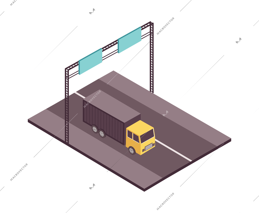 Road set isometric composition with view of motorway with moving truck and traffic signs on frame vector illustration