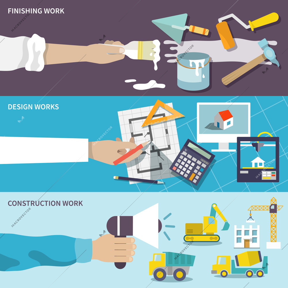 Construction design finishing work flat banner set with human hands isolated vector illustration