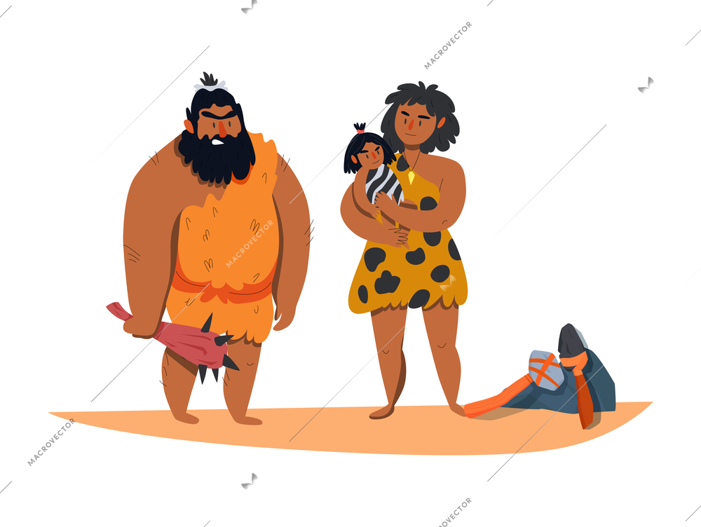 Primitive man caveman composition with cartoon characters of prehistoric tribal man with woman holding baby vector illustration