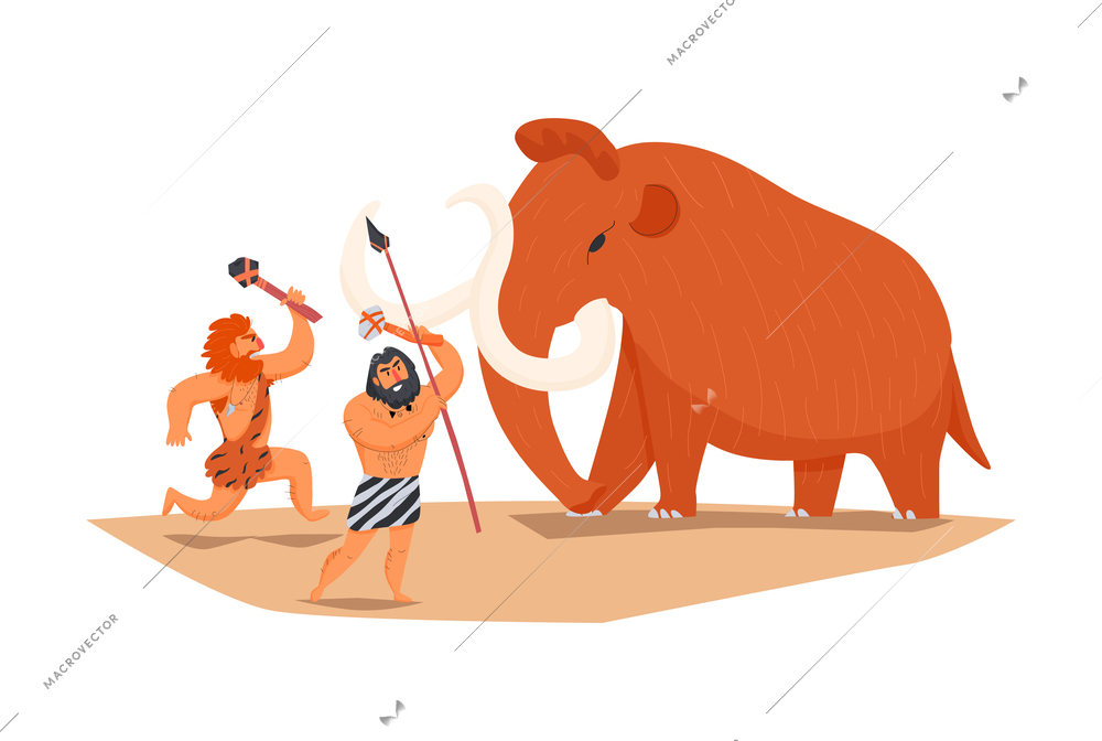 Primitive man caveman composition with cartoon characters of prehistoric tribe members hunting mammoth with spears vector illustration