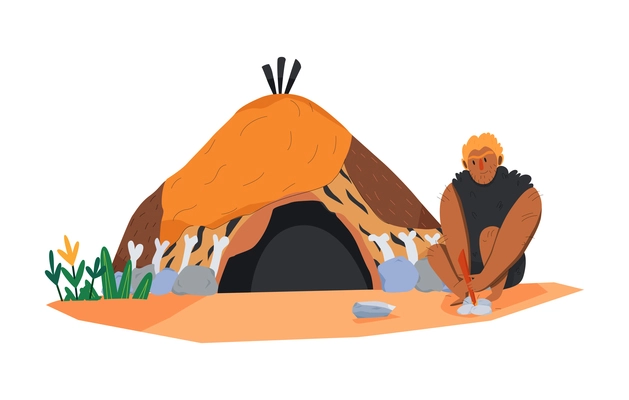 Primitive man caveman composition with cartoon characters of prehistoric tribal man sitting near tent dwelling vector illustration