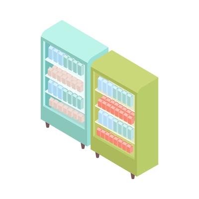 Supermarket isometric composition with isolated image of fridge cabinet with carton packages vector illustration