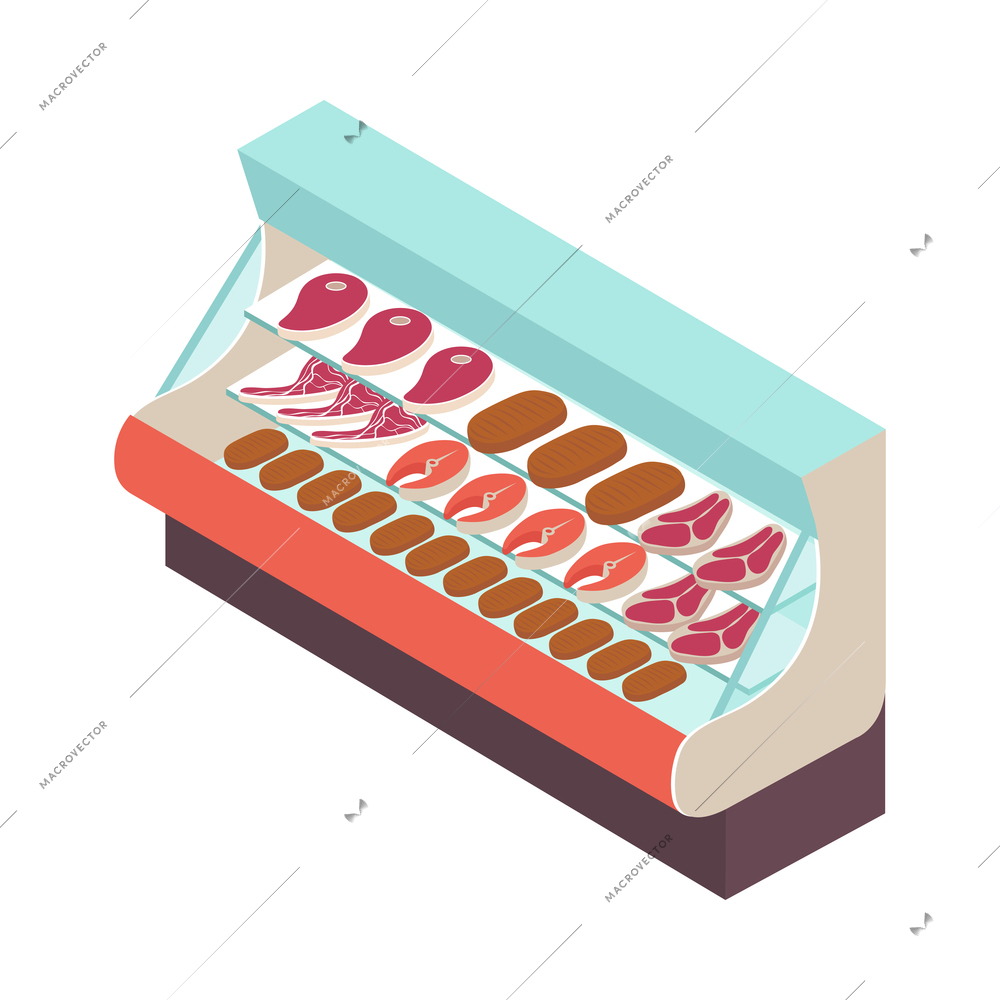 Supermarket isometric composition with isolated image of open cabinet fridge with cooled meat and fish vector illustration