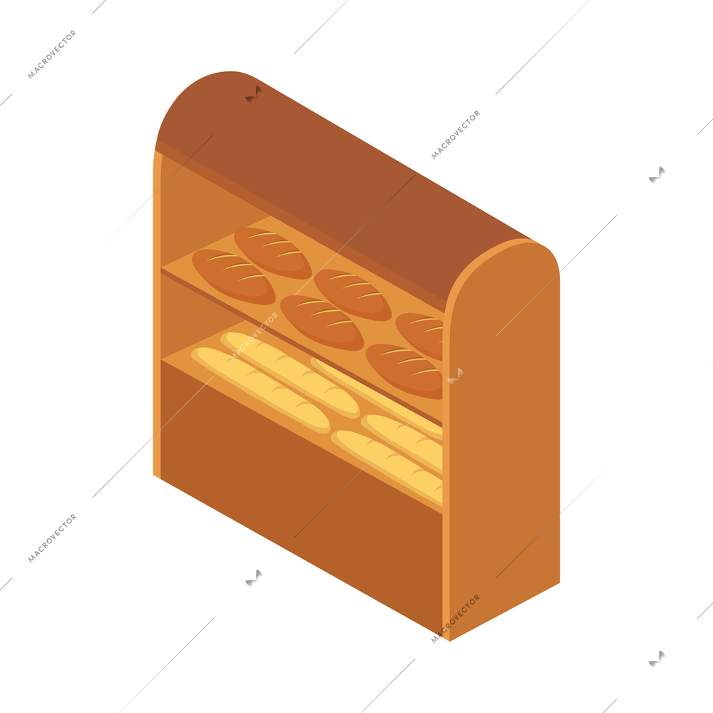 Supermarket isometric composition with isolated image of wooden shelves with bread and pastry vector illustration
