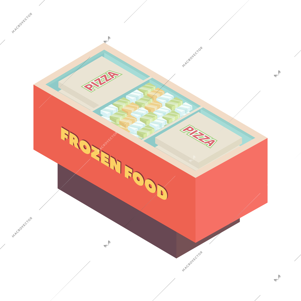 Supermarket isometric composition with isolated image of fridge with frozen pizza and icecream vector illustration