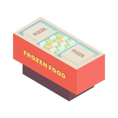 Supermarket isometric composition with isolated image of fridge with frozen pizza and icecream vector illustration