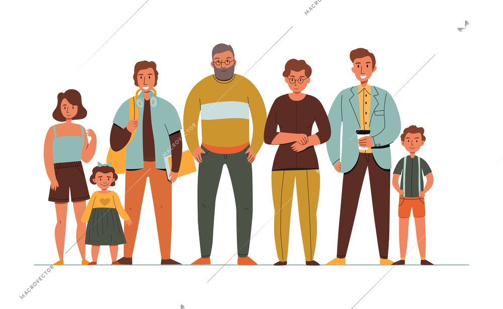 Generations family composition with flat cartoon style characters of family members with elderly people adults and kids vector illustration