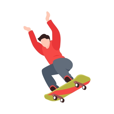 Isometric extreme street sport city parkour composition with human character of boy jumping on skateboard vector illustration