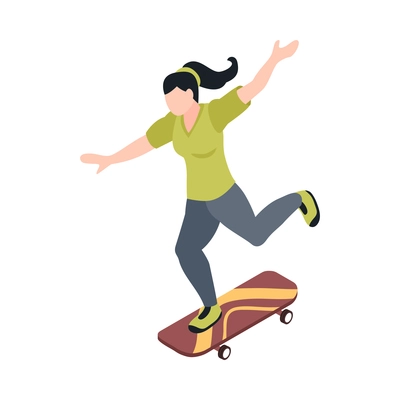 Isometric extreme street sport city parkour composition with human character of girl riding skateboard vector illustration