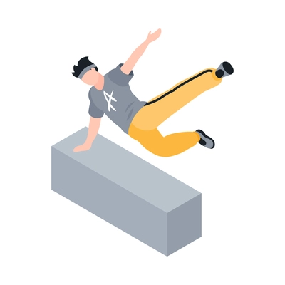 Isometric extreme street sport city parkour composition with human character of boy jumping over concrete barrier vector illustration