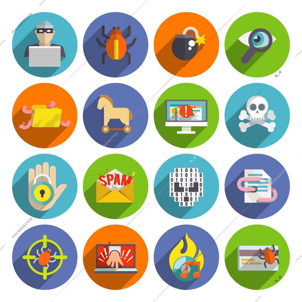 Hacker flat icons set with infected files e-mail spam viruses and bugs isolated vector illustration