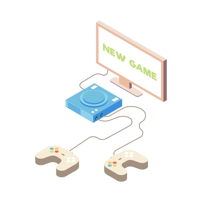 Recreation room isometric composition with isolated images of connected tv set gaming console and gamepads vector illustration