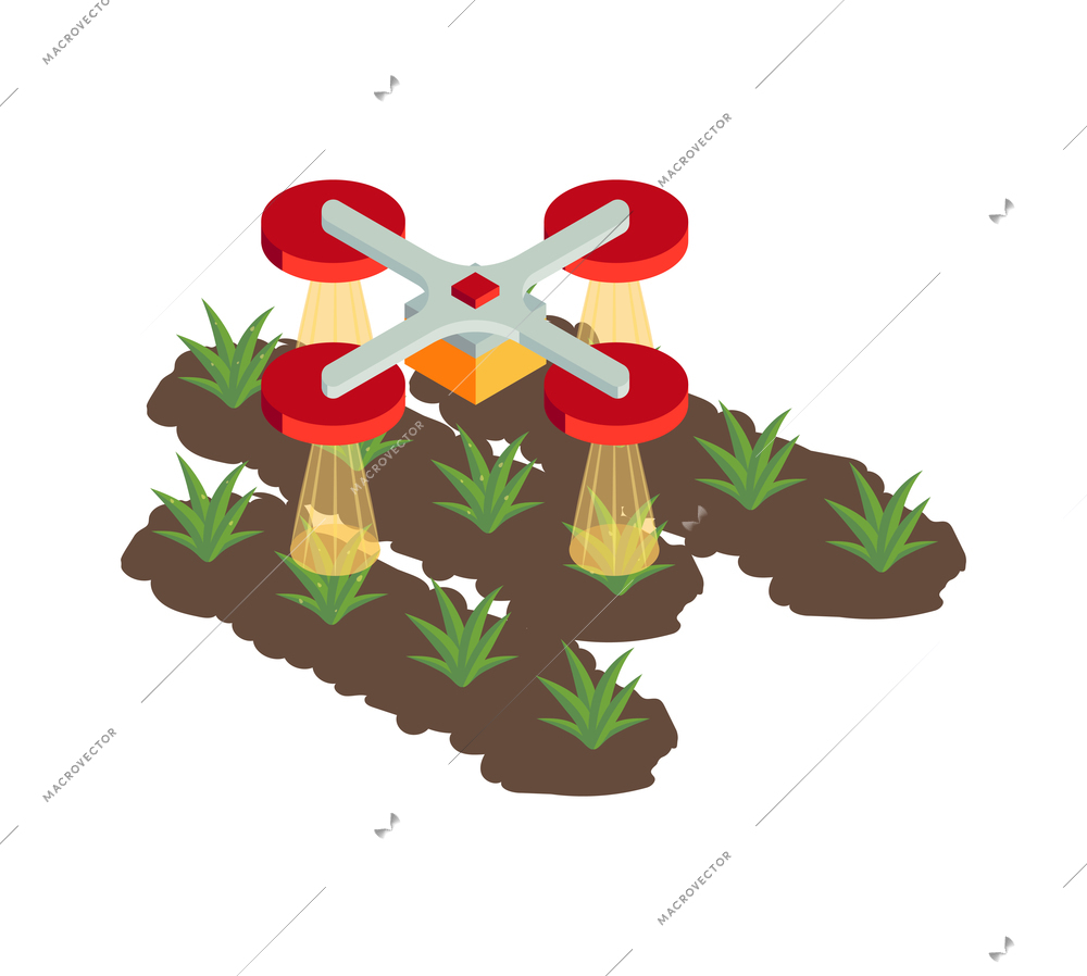 Isometric smart farm agriculture automation composition with isolated image of flying quadcopter spilling liquid onto plants vector illustration