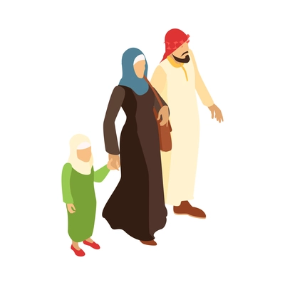 Isometric arab family composition with characters of walking adult parents and child on blank background vector illustration