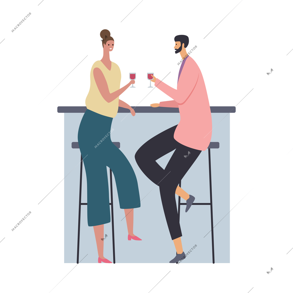 Cafe people flat composition with isolated characters of loving couple drinking wine at bar stand vector illustration