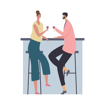 Cafe people flat composition with isolated characters of loving couple drinking wine at bar stand vector illustration