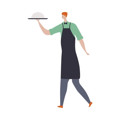 Cafe people flat composition with isolated character of walking male waiter in uniform carrying tray vector illustration