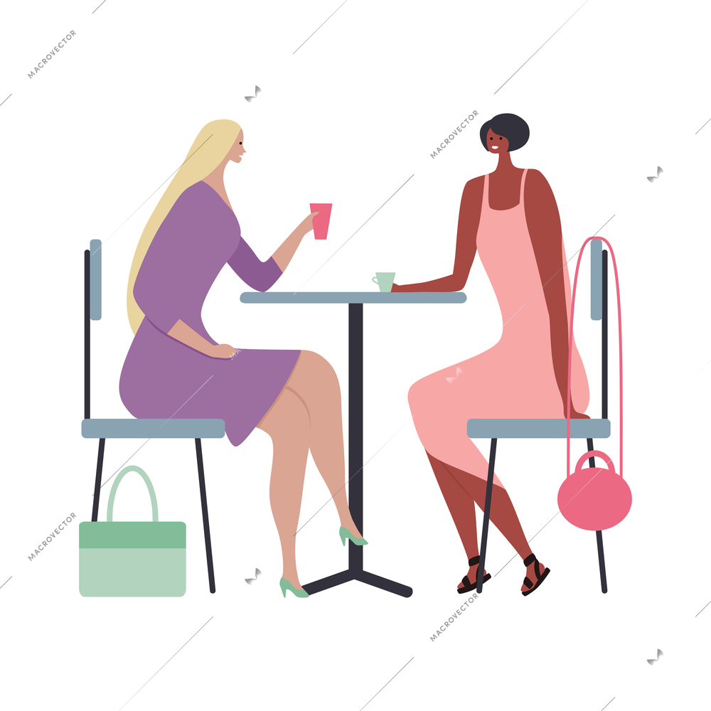 Cafe people flat composition with isolated characters of female friends having drinks at table vector illustration