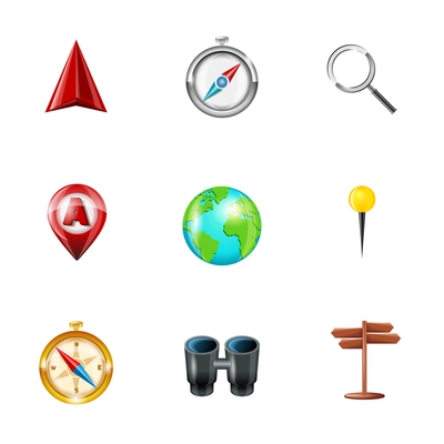 Mobile gps navigation and travel realistic icons set with geolocation routing mapping symbols isolated vector illustration