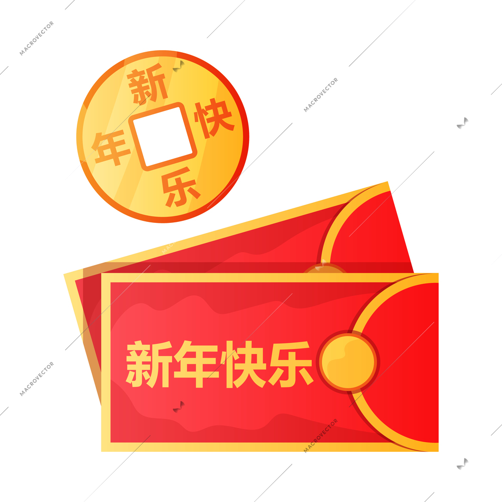 Chinese new year celebration composition with isolated image of coin with red envelopes on blank background vector illustration