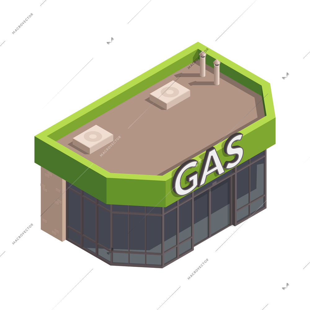 Gas station isometric composition with isolated image of gas station building on blank background vector illustration