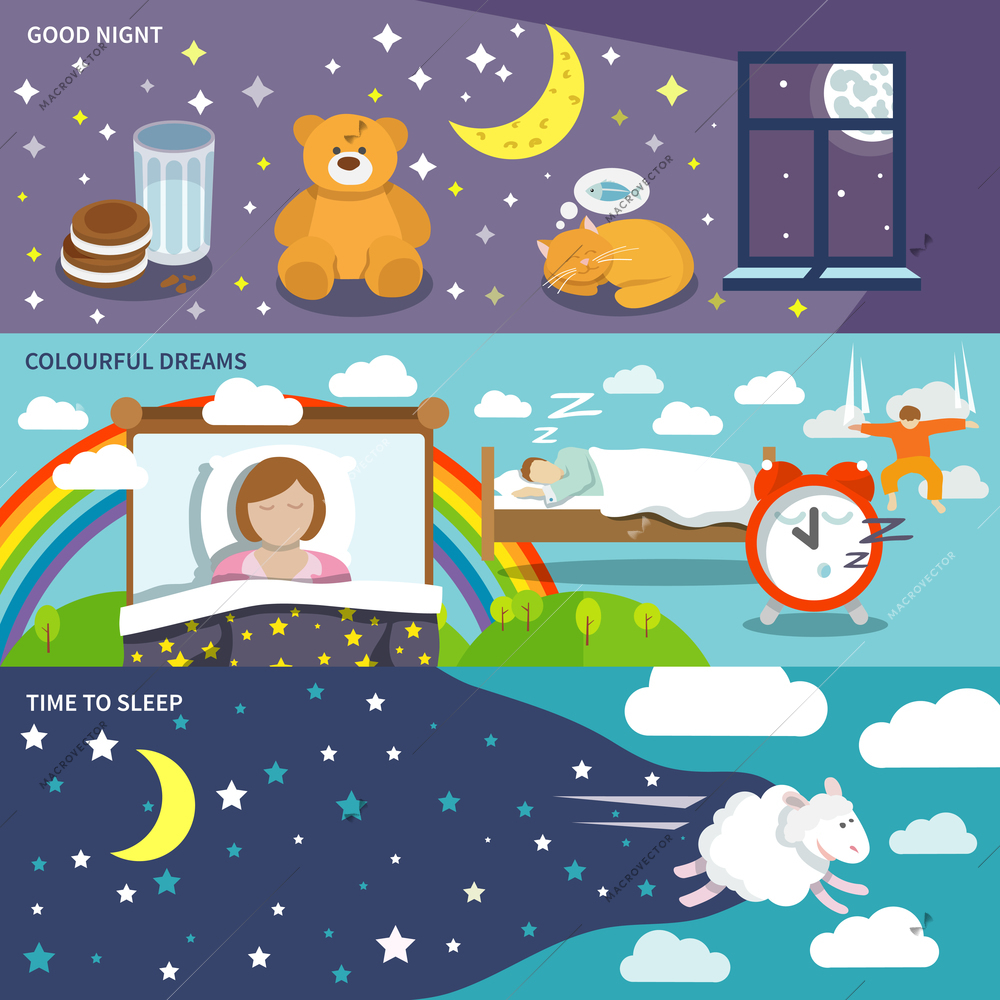 Sleep time banners set with good night colourful dreams isolated vector illustration