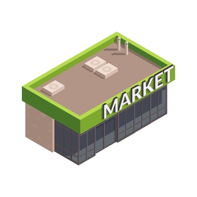 Gas station isometric composition with isolated image of gas station market building on blank background vector illustration