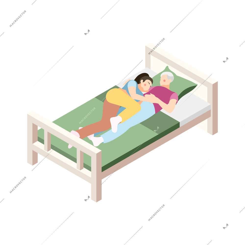 Different couples isometric composition with isolated view of loving couple laying in bed together vector illustration