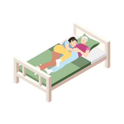 Different couples isometric composition with isolated view of loving couple laying in bed together vector illustration