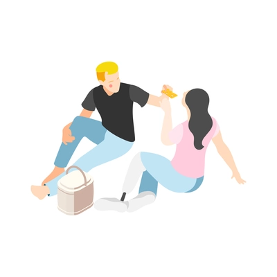 Different couples isometric composition with isolated view of loving couple having basket lunch together vector illustration