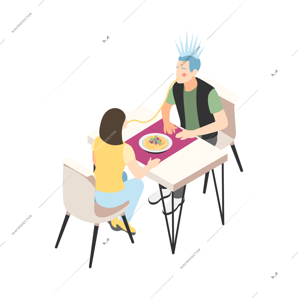 Different couples isometric composition with isolated view of loving couple eating spaghetti at restaurant table vector illustration