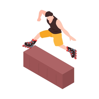 Isometric extreme street sport city parkour composition with character of roller skating boy jumping over barrier vector illustration