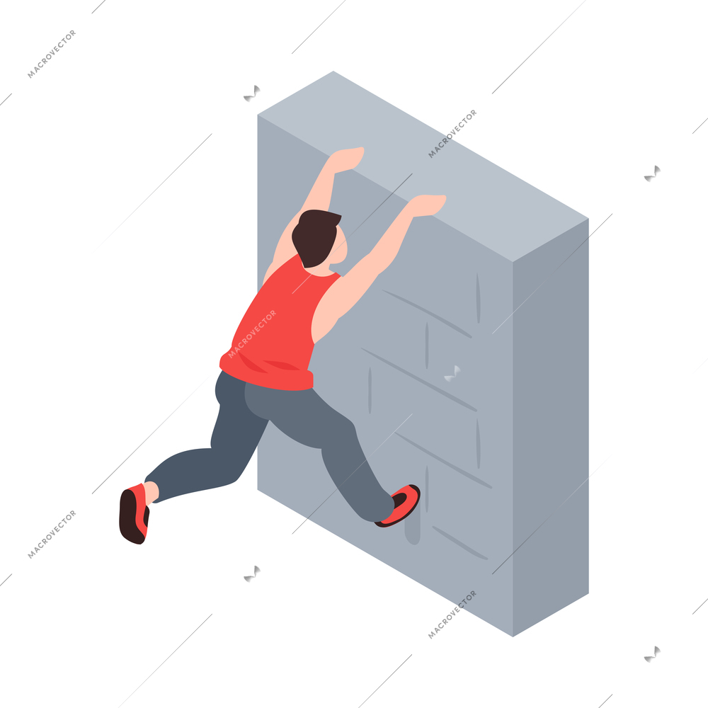 Isometric extreme street sport city parkour composition with human character of boy climbing up concrete wall vector illustration