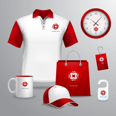 Corporate identity red template decorative set with paper bag tag mug vector illustration