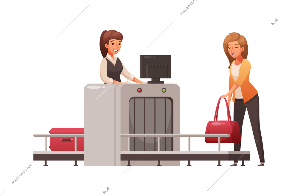Aircraft plane airport staff people cartoon composition with isolated human characters and luggage x-ray scanner vector illustration