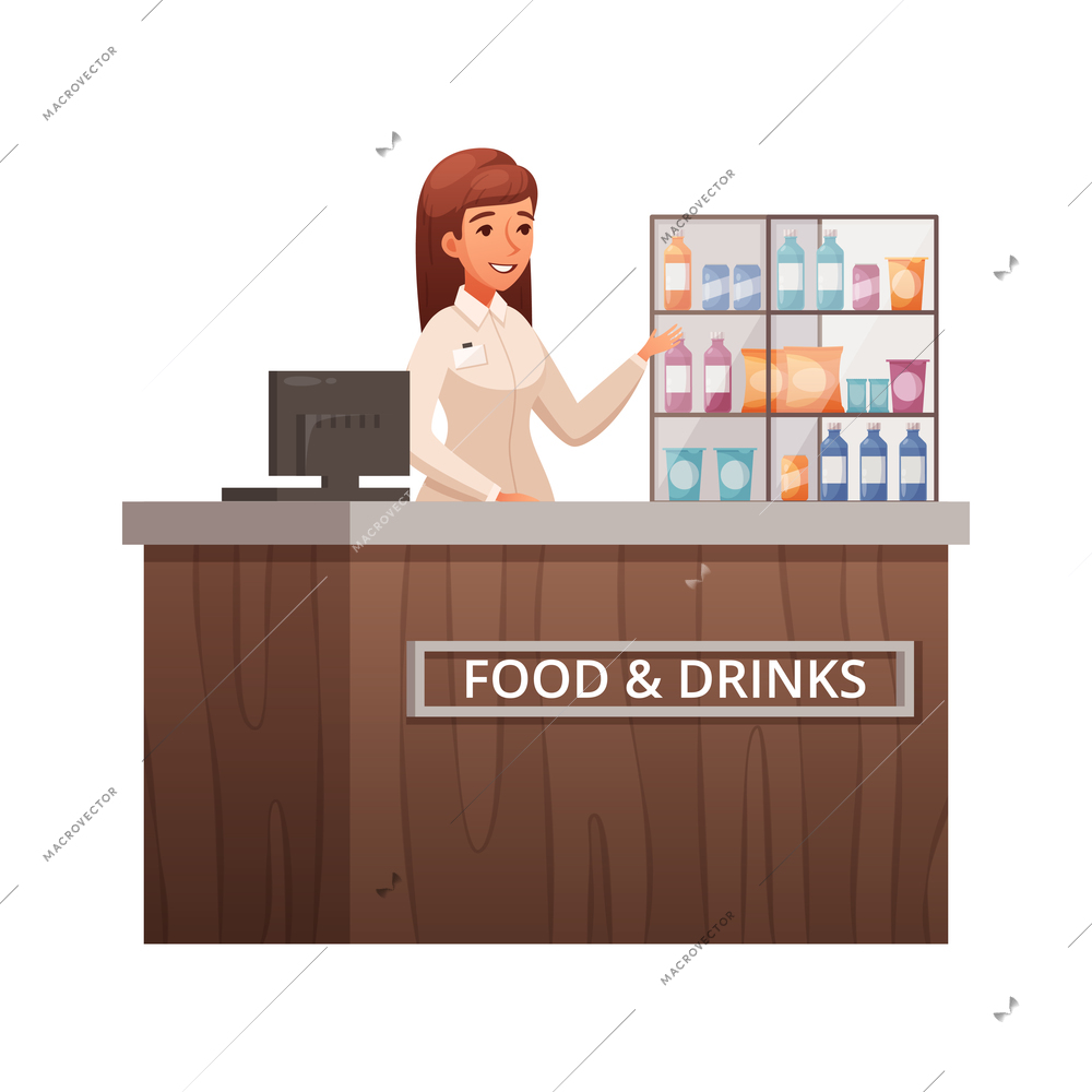 Aircraft plane airport staff people cartoon composition with female character of seller at food stall counter vector illustration