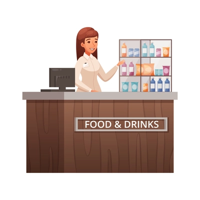 Aircraft plane airport staff people cartoon composition with female character of seller at food stall counter vector illustration