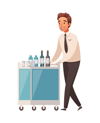 Aircraft plane airport staff people cartoon composition with isolated character of steward pushing cart with drinks vector illustration