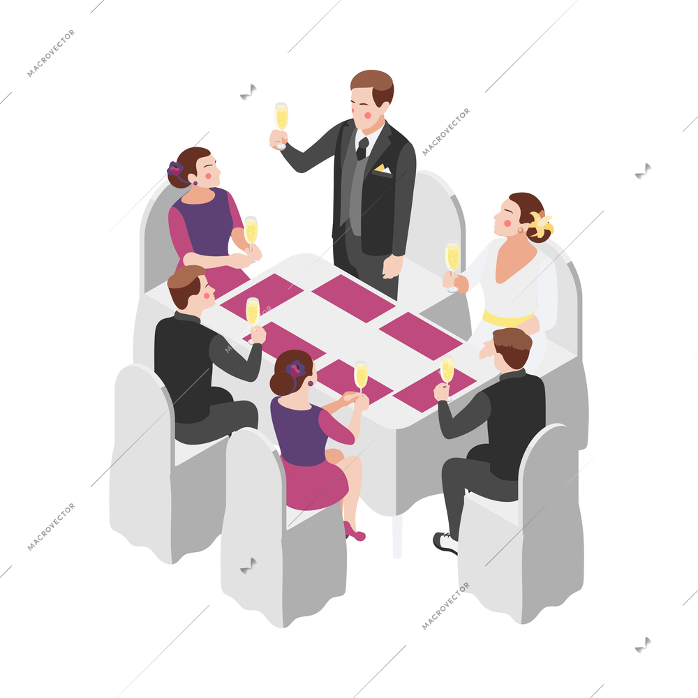 Wedding isometric composition with isolated view of groom talking short speech at table with drinking guests vector illustration