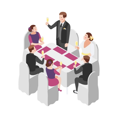 Wedding isometric composition with isolated view of groom talking short speech at table with drinking guests vector illustration