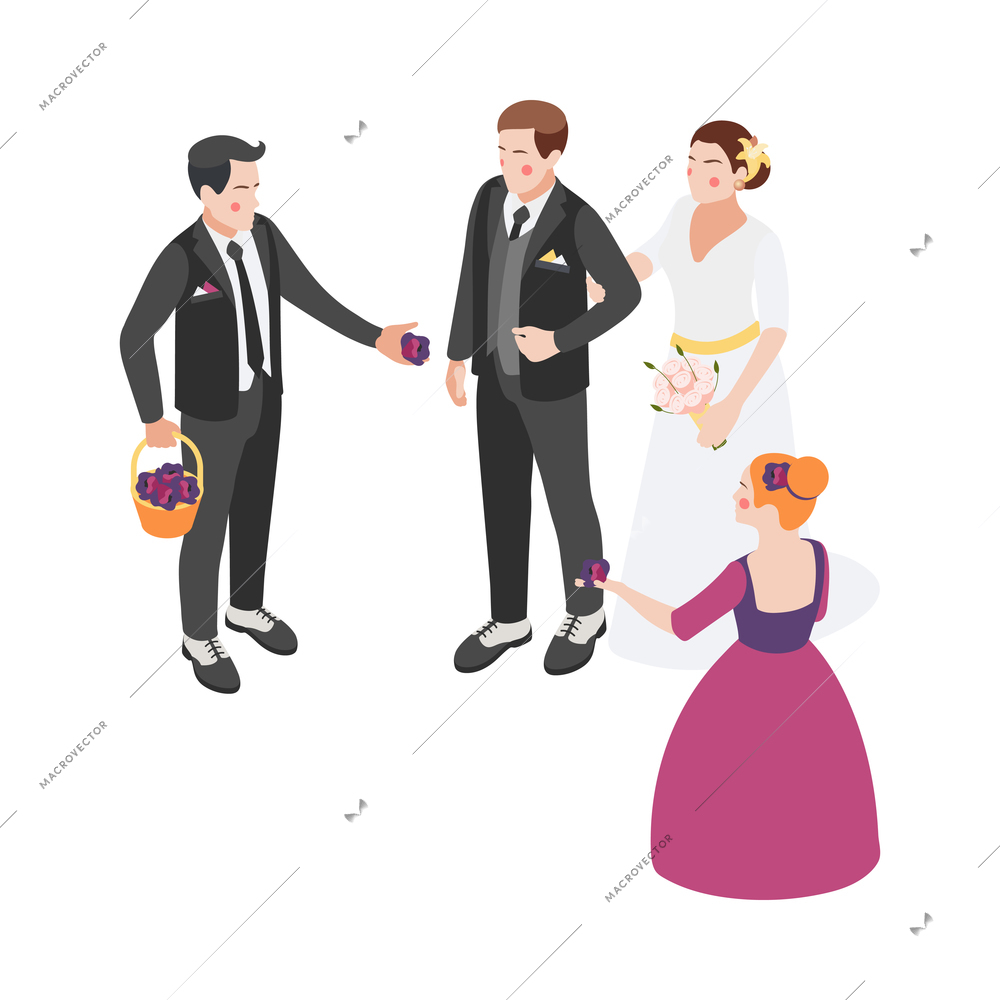 Wedding isometric composition with isolated human characters of bride and groom with friends and flowers vector illustration