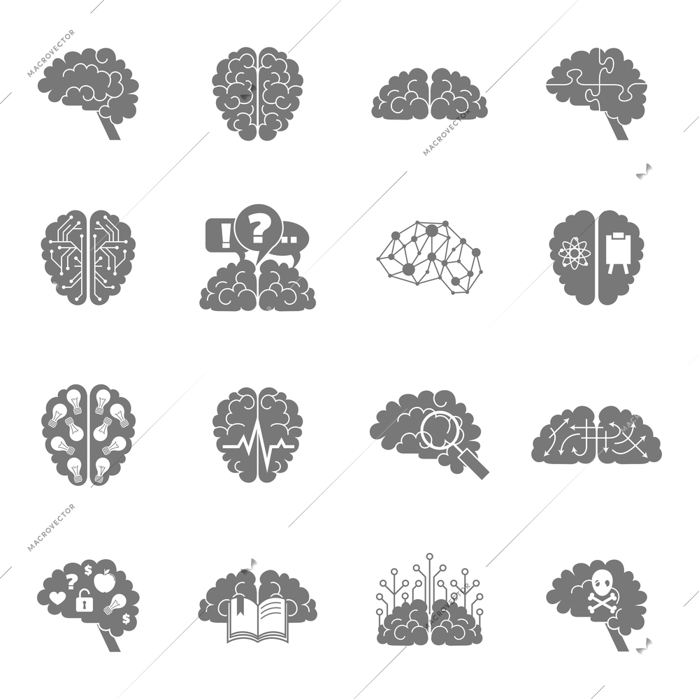 Human brain thinking intelligence memory strategy concentration icons black set isolated vector illustration