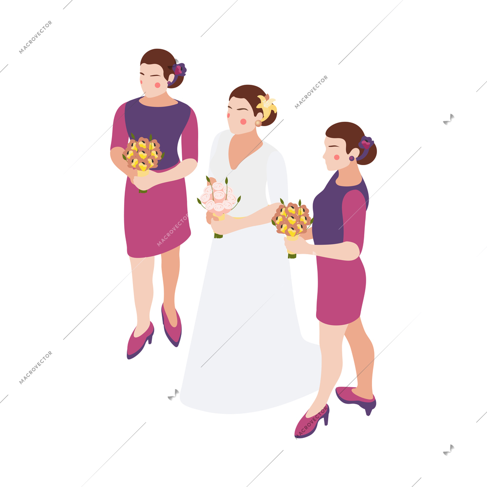Wedding isometric composition with isolated human characters of bride and two female friends on blank background vector illustration