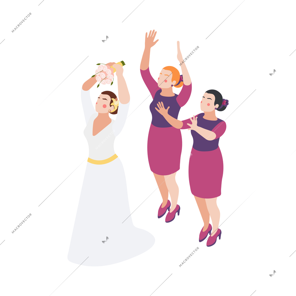 Wedding isometric composition with isolated human character of bride dropping bouquet of flowers over head vector illustration